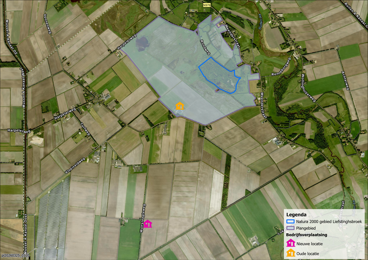 Satellietfoto met het plangebied rond het Liefstinghsbroek en de bedrijfsverplaatsing van de melkveehouderij