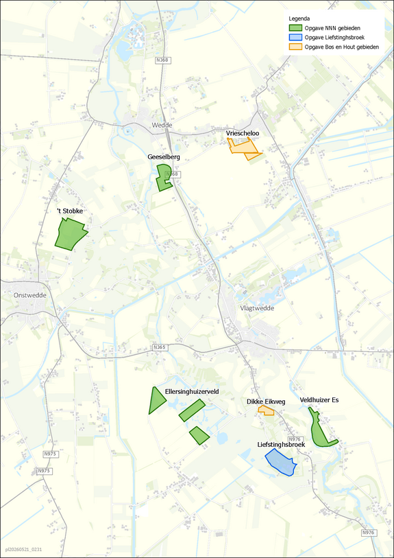 Kaart met de deelgebieden van projectgebied Westerwolde, opgedeeld in NNN-gebieden, Bos en Hout-gebieden en Liefstinghsbroek. Klik om te vergroten.