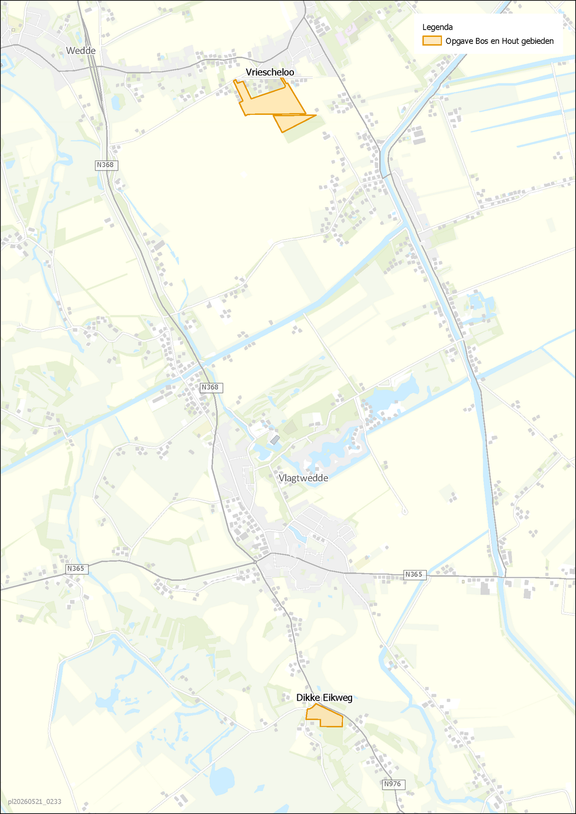 Kaart met de begrenzing van de Bos en Hout-gebieden Vriescheloo en Dikke Eikweg, bij Vlagtwedde en Wedde
