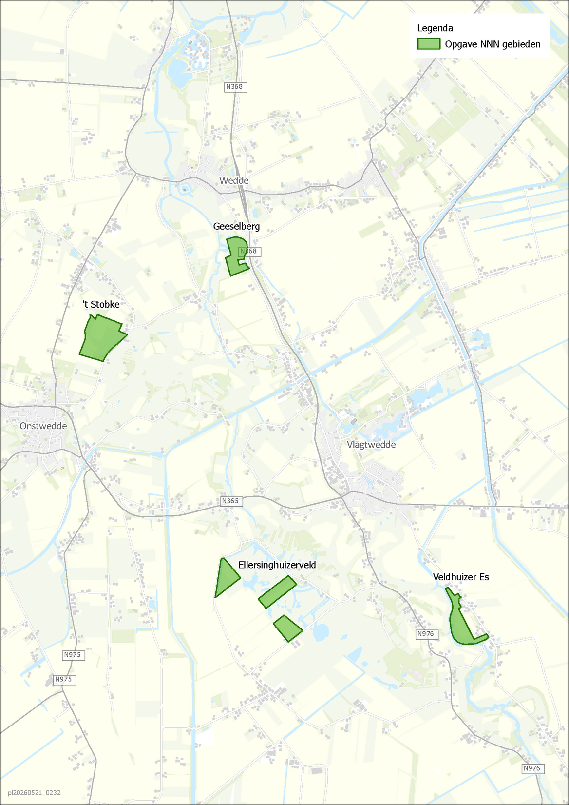 Kaart met de begrenzing van de NNN-gebieden Geeselberg, 't Stobke, Ellersinghuizerveld en Veldhuizer Es, bij Vlagtwedde, Onstwedde en Wedde