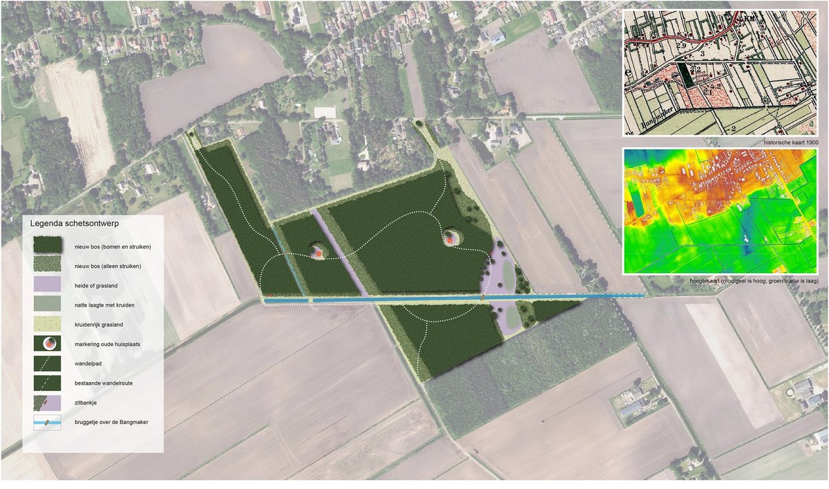Schetsontwerp van het nieuwe bos bij Vriescheloo, met wandelpaden, natte laagtes en een historische kaart en hoogtekaart als inzet. Klik om te vergroten.